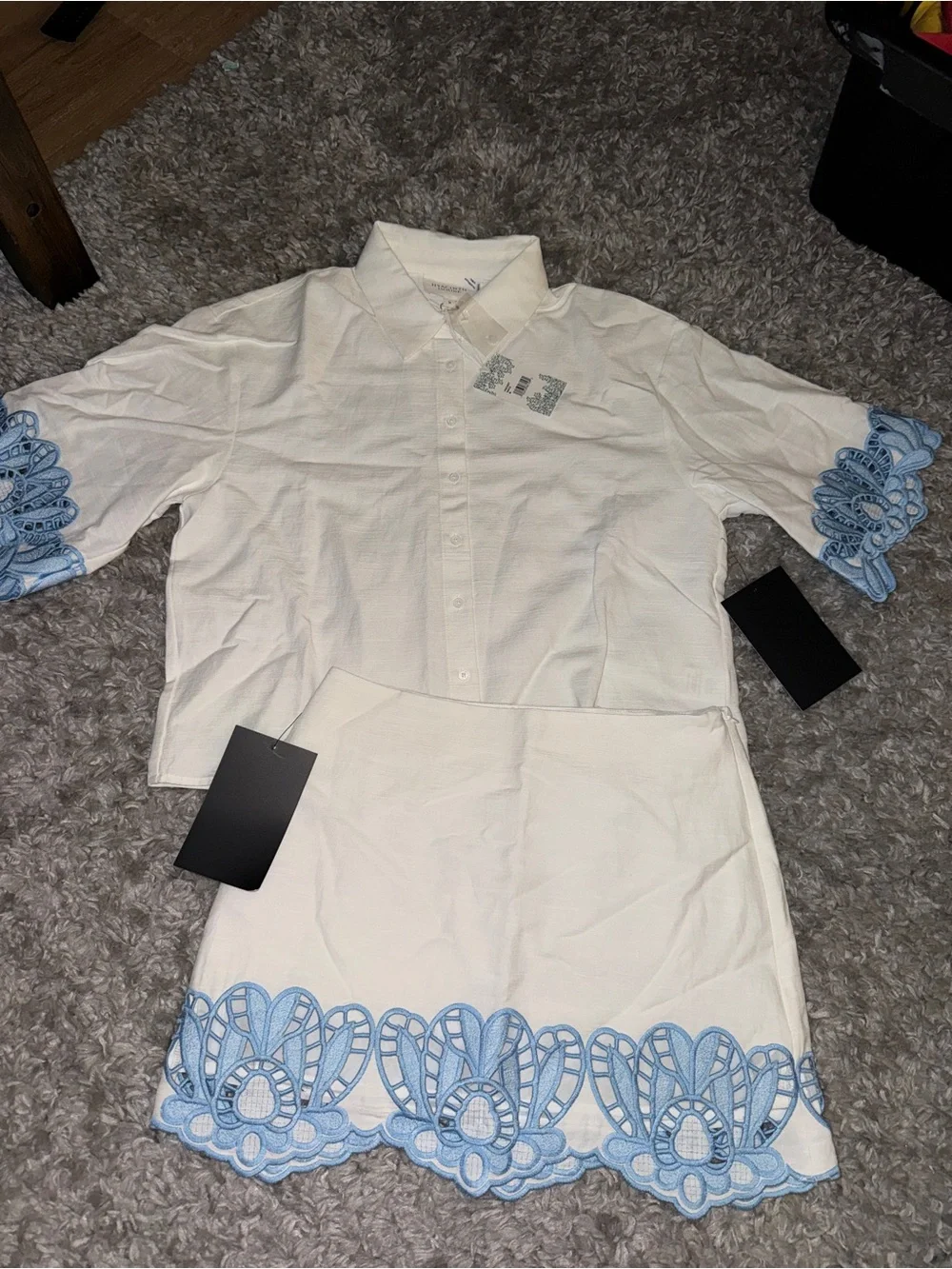 White Two-Piece Set with Blue Lace Trim - Women - Picture 1 of 4